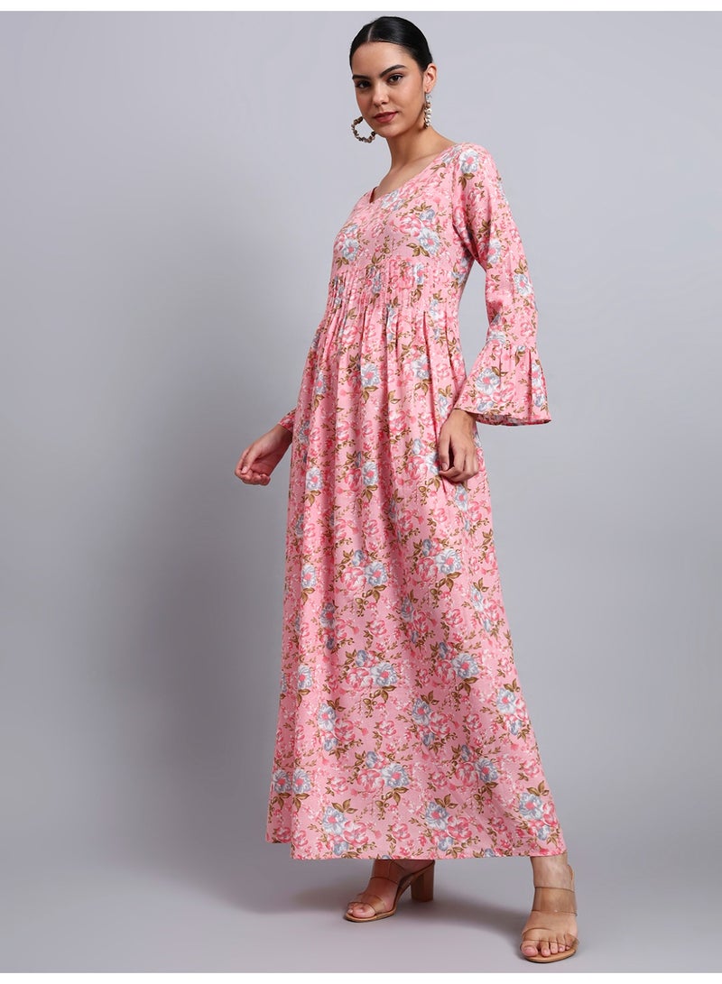 Alaya Women Green Floral Printed Cotton Jalabiya with Flared Sleeves & Round Neckline-AL4045 - Image 4