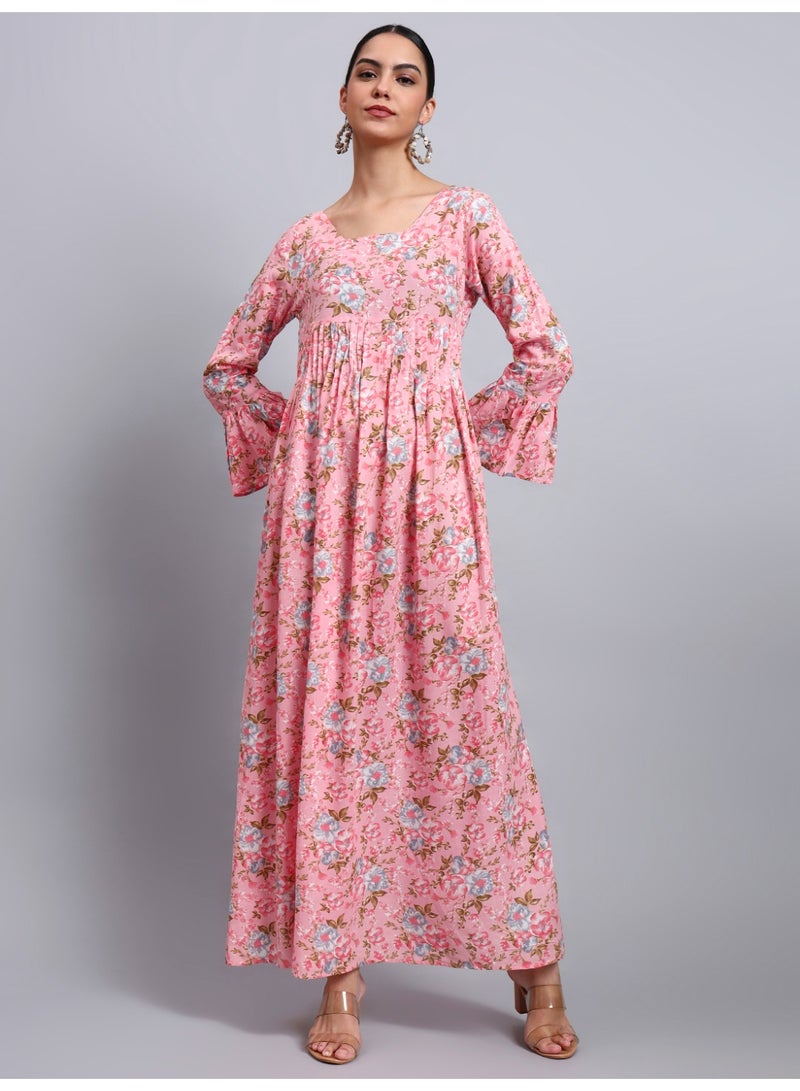 Alaya Women Green Floral Printed Cotton Jalabiya with Flared Sleeves & Round Neckline-AL4045 - Image 3