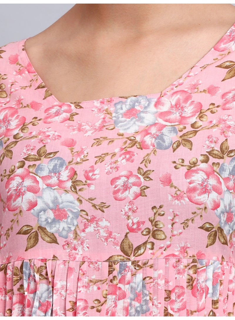 Alaya Women Green Floral Printed Cotton Jalabiya with Flared Sleeves & Round Neckline-AL4045 - Image 5