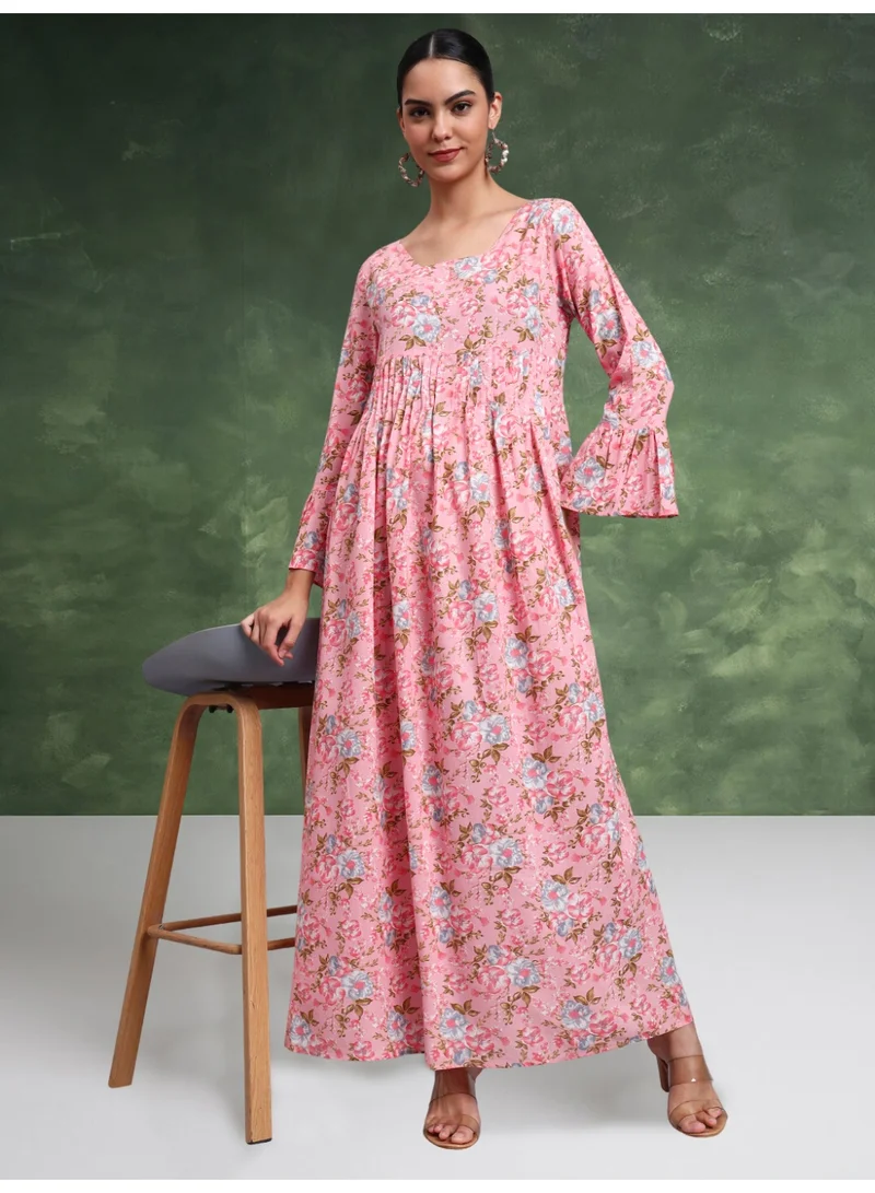 Alaya Women Green Floral Printed Cotton Jalabiya with Flared Sleeves & Round Neckline-AL4045