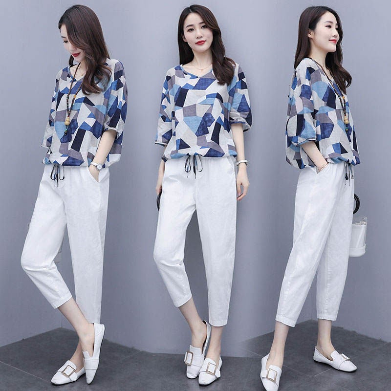 Fashion Set Women'S 2024 Imitation Cotton And Linen Stylish Loose Slimming Casual Fashion Two-Piece Set - Image 3