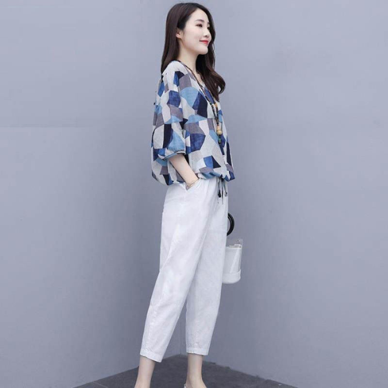 Fashion Set Women'S 2024 Imitation Cotton And Linen Stylish Loose Slimming Casual Fashion Two-Piece Set - Image 1