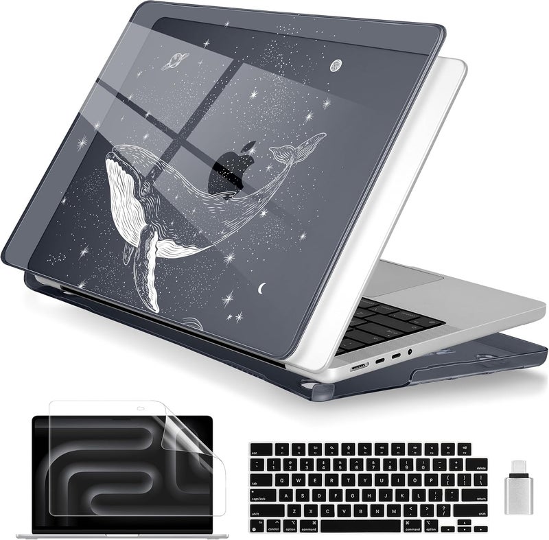 Batianda غطاء باتياندا لجهاز MacBook Pro مقاس 14 بوصة إصدار 2026-2021 M5 M4 M3 M2 M1 Pro/Max، غلاف واقي نحيف خفيف الوزن بسمك 1.2 مم مع تصميم إبداعي حزمة إكسسوارات 4 في 1، الحوت الكوني - Image 1