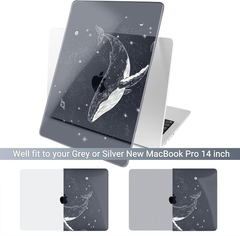 Batianda غطاء باتياندا لجهاز MacBook Pro مقاس 14 بوصة إصدار 2026-2021 M5 M4 M3 M2 M1 Pro/Max، غلاف واقي نحيف خفيف الوزن بسمك 1.2 مم مع تصميم إبداعي حزمة إكسسوارات 4 في 1، الحوت الكوني - Image 2