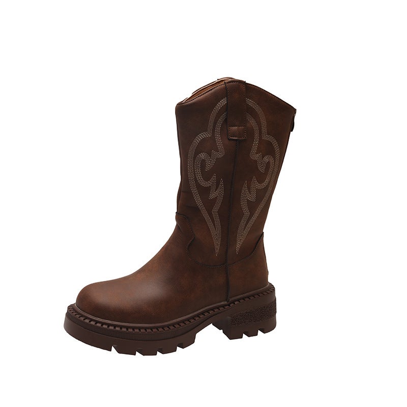 Brown Embroidered Retro Western Cowboy Boots For Women Summer V-Mouth Knight Boots Thick-Soled Slim Short Boots - Image 1
