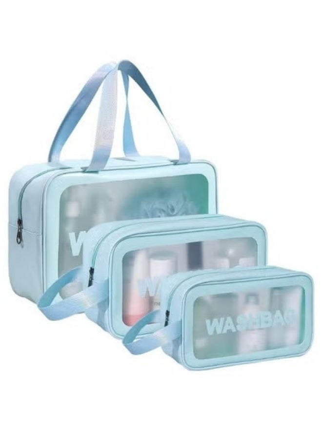 Set of 3 pieces, different sizes, large, medium and small, women's cosmetic organizer, waterproof cosmetic bag with zipper-Blue - Image 4