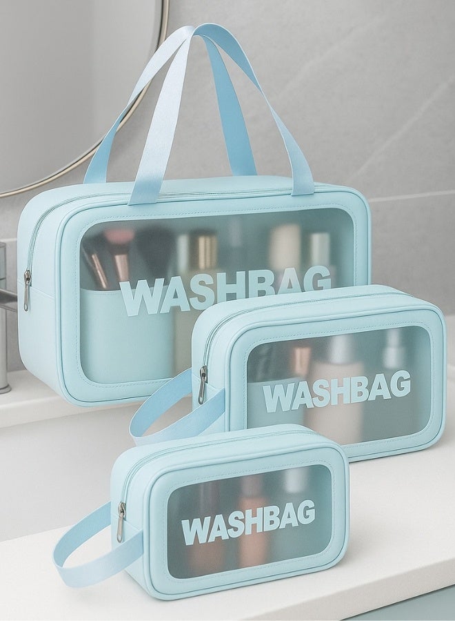 Set of 3 pieces, different sizes, large, medium and small, women's cosmetic organizer, waterproof cosmetic bag with zipper-Blue - Image 1