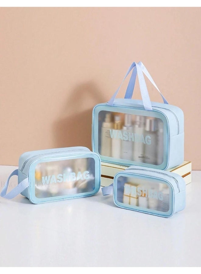 Set of 3 pieces, different sizes, large, medium and small, women's cosmetic organizer, waterproof cosmetic bag with zipper-Blue - Image 3
