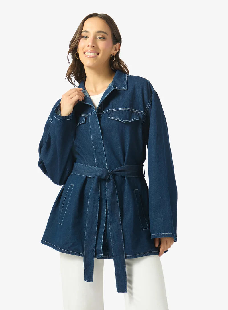 Longline Button Up Belted Denim Jacket