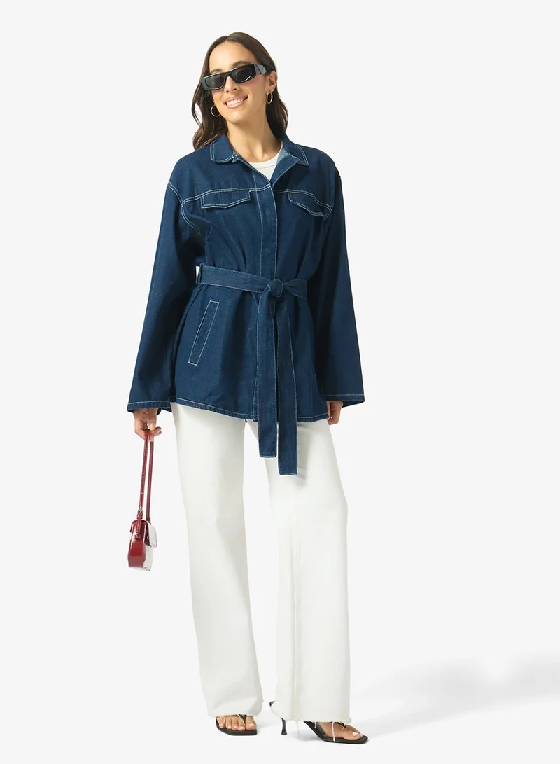 Ginger  Longline Button Up Belted Denim Jacket for Women | Best Price UAE
