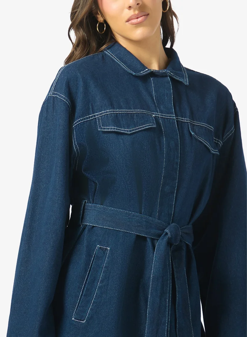 Ginger  Longline Button Up Belted Denim Jacket for Women | Best Price UAE