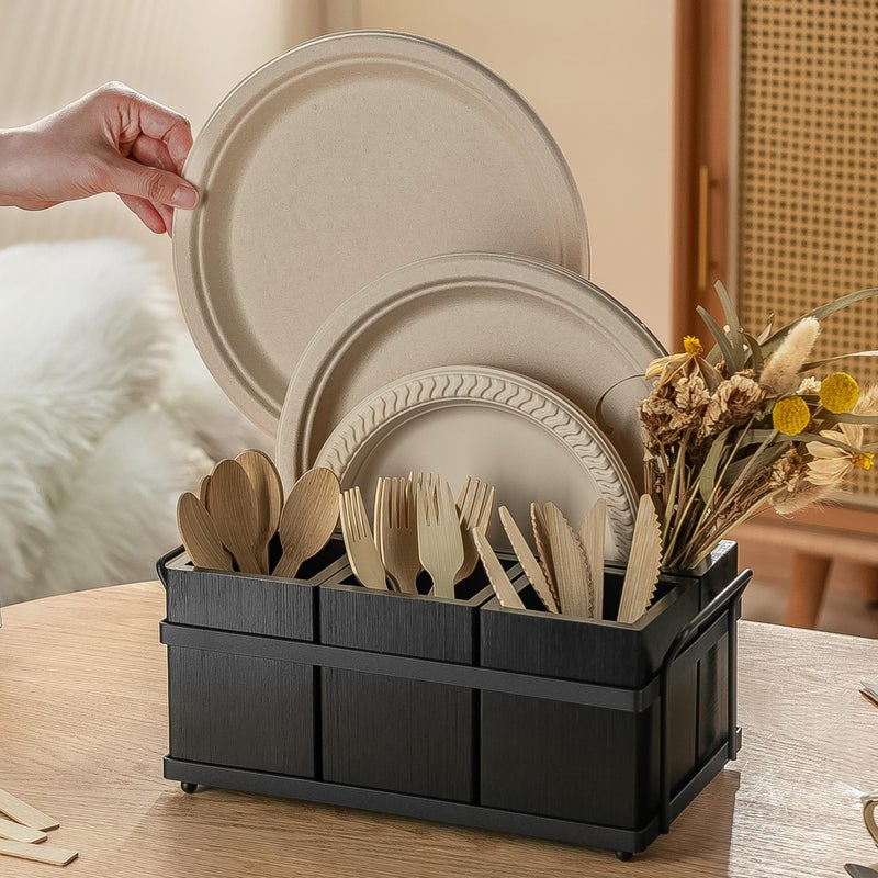 PTSTING Silverware Caddy Black Wood Silverware Holder Paper Plate Dispenser Utensil Caddy Cutlery Flatware Organizer Box for Spoons Forks Plates Napkins - Image 2