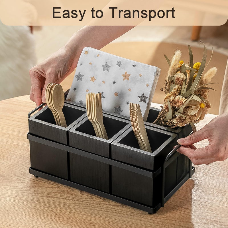 PTSTING Silverware Caddy Black Wood Silverware Holder Paper Plate Dispenser Utensil Caddy Cutlery Flatware Organizer Box for Spoons Forks Plates Napkins - Image 4