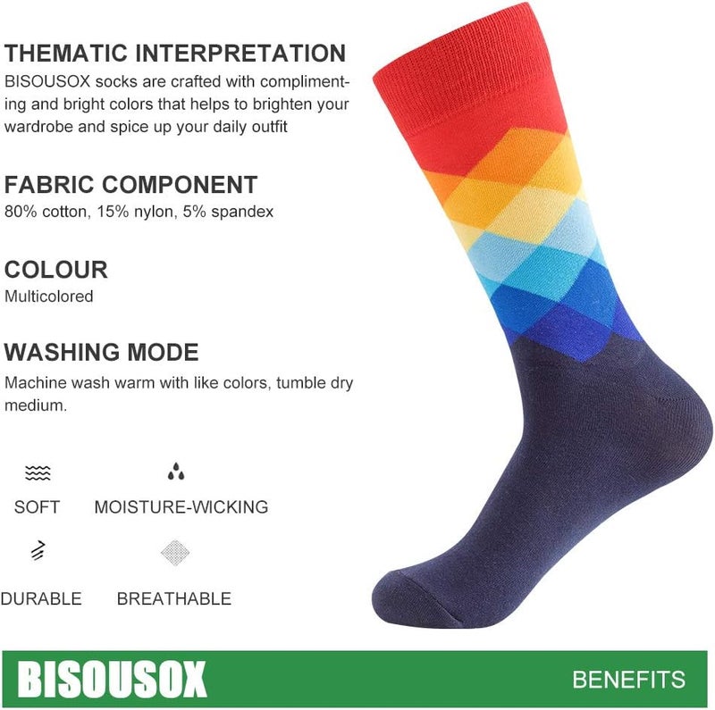 BISOUSOX Mens Dress Socks Funny Fun Colorful Crazy Funky Crew Socks for Men Novelty Happy Cotton Size 9-12 - Image 3