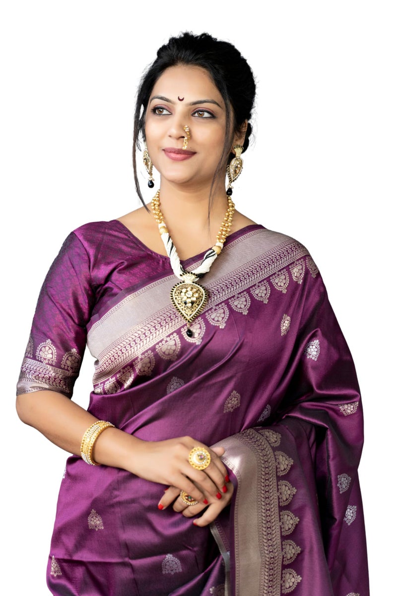 AMIRAT Women's Banarasi Silk Saree With Golden Zari Woven With Blouse Piece (Wine) - Image 1