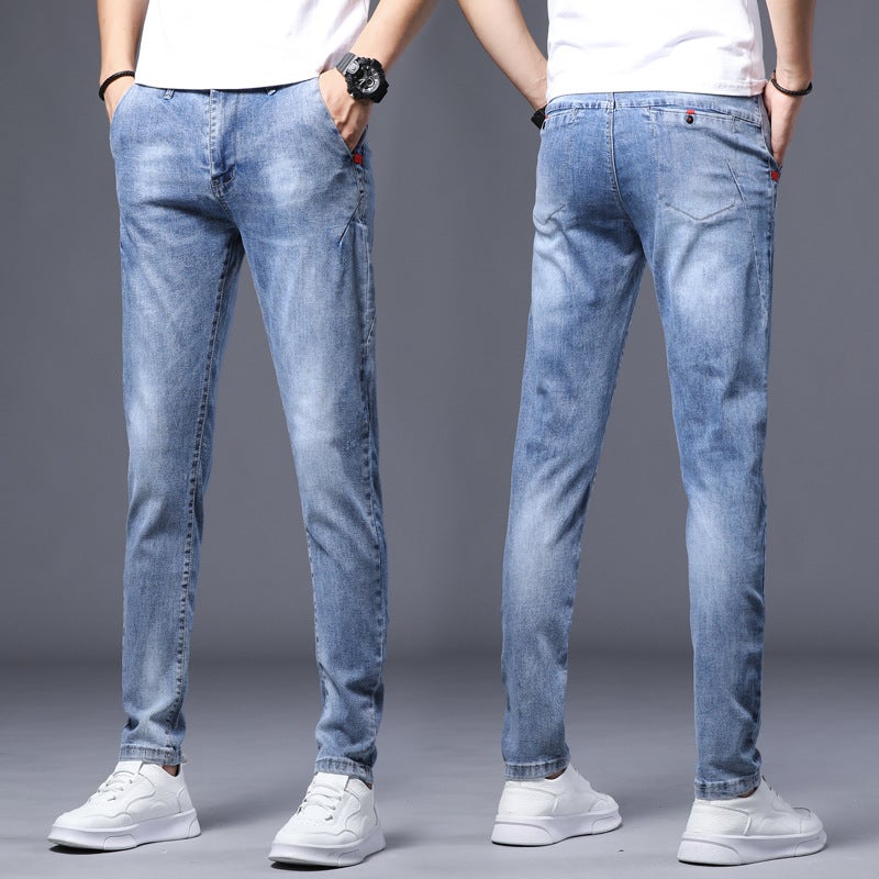 Generic One-piece delivery young mens foreign trade slim fit skinny jeans mid-waist Korean style fashionable mens stretch long pants 8605# light blue 