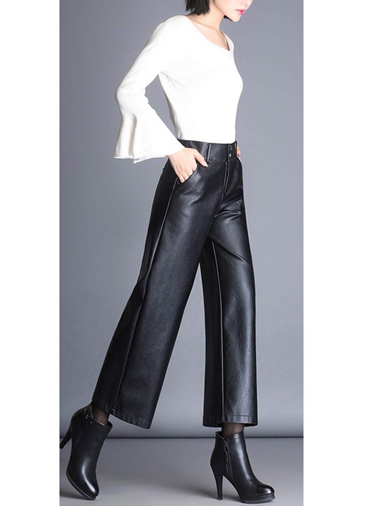 HaoMay Women's High Waist Wide Leg PU Faux Leather Cropped Pants Culottes (Large, Black) - Image 4