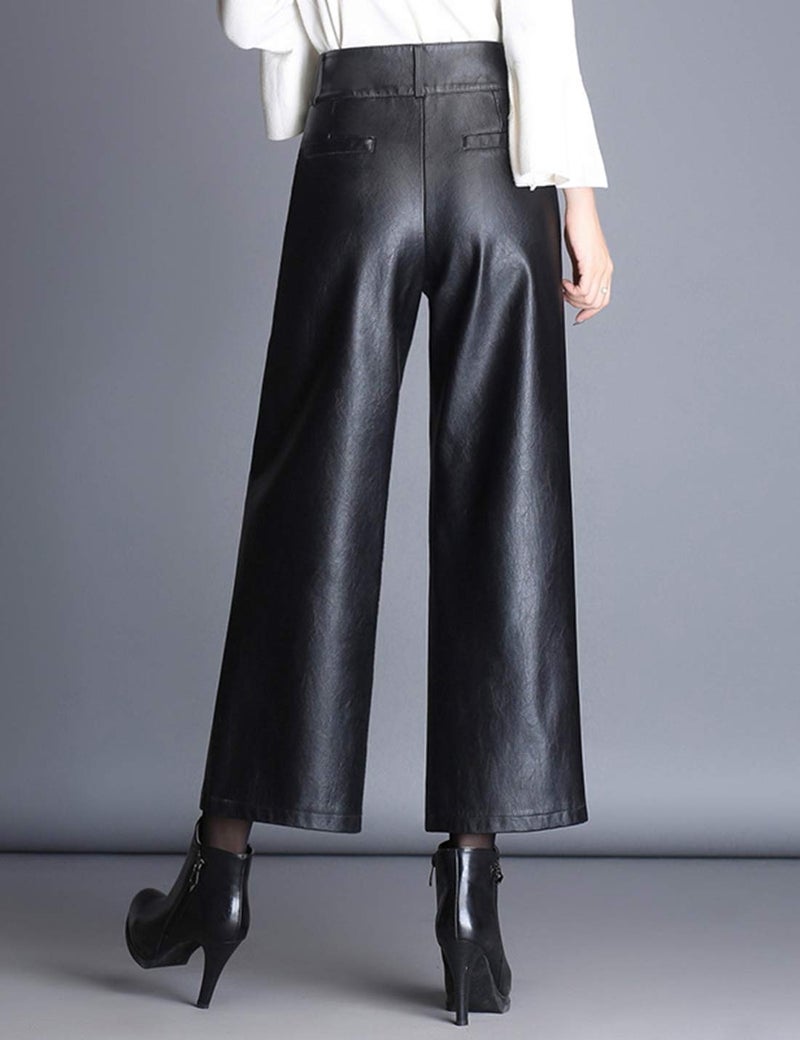 HaoMay Women's High Waist Wide Leg PU Faux Leather Cropped Pants Culottes (Large, Black) - Image 2