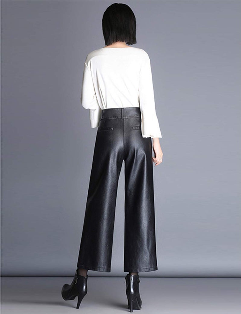 HaoMay Women's High Waist Wide Leg PU Faux Leather Cropped Pants Culottes (Large, Black) - Image 5