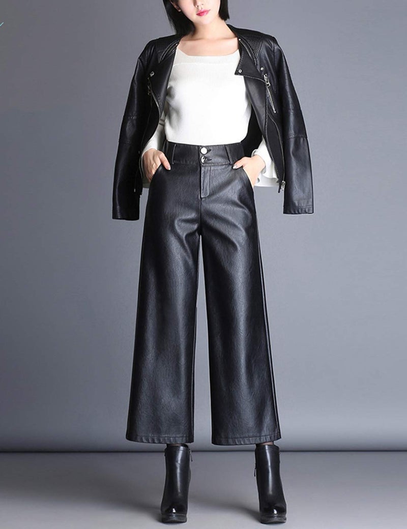 HaoMay Women's High Waist Wide Leg PU Faux Leather Cropped Pants Culottes (Large, Black) - Image 3