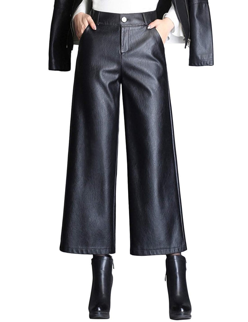 HaoMay Women's High Waist Wide Leg PU Faux Leather Cropped Pants Culottes (Large, Black) - Image 1