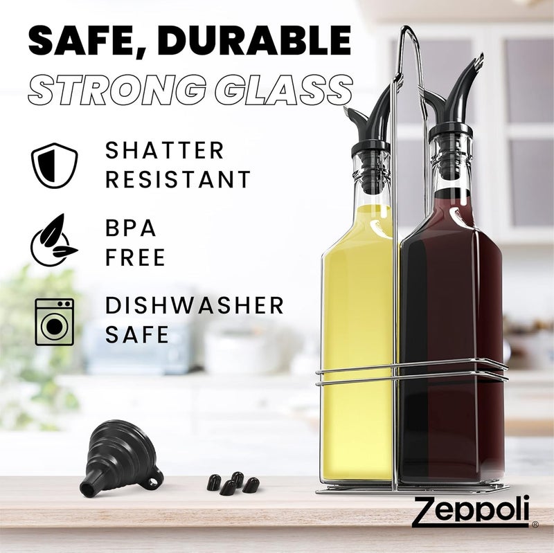 Zeppoli Royal Oil and Vinegar Bottle Set with Stainless Steel Rack and Removable Cork - Dual Olive Oil Spout - Olive Oil Dispenser, 500ml Olive Oil Bottle and Vinegar Bottle Glass Set - Image 3
