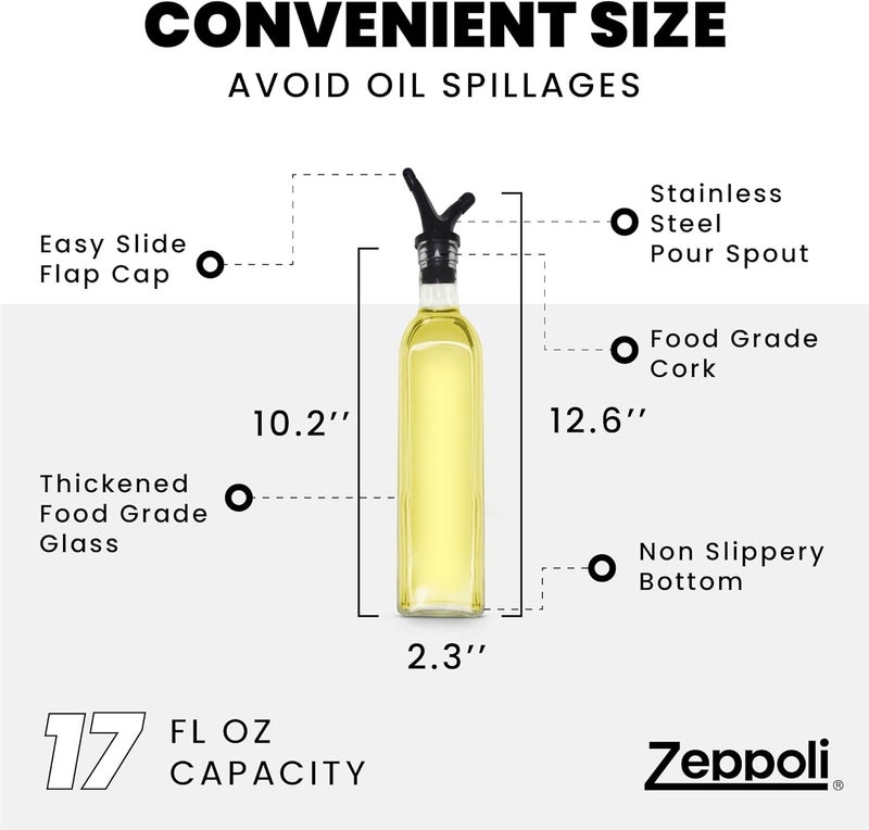 Zeppoli Royal Oil and Vinegar Bottle Set with Stainless Steel Rack and Removable Cork - Dual Olive Oil Spout - Olive Oil Dispenser, 500ml Olive Oil Bottle and Vinegar Bottle Glass Set - Image 2