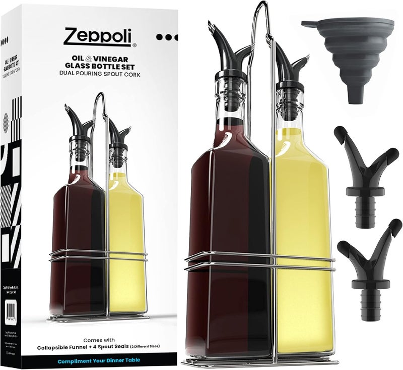 Zeppoli Royal Oil and Vinegar Bottle Set with Stainless Steel Rack and Removable Cork - Dual Olive Oil Spout - Olive Oil Dispenser, 500ml Olive Oil Bottle and Vinegar Bottle Glass Set - Image 1