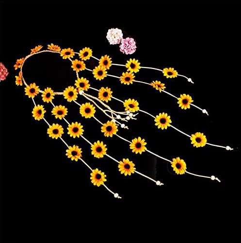 Quupy Sunflower Hairband Hippie Headband Floral Crown Bohemian Sunflowers Beads Adjust Flower Headdress Hair Accessories Headpiece Hair Accessories for Women Wedding Party Festivals
