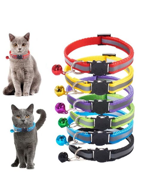 NeoStyle 6 Pcs Cat Collars,Breakaway Kitten Collar with Reflective Nylon Strip and Bell