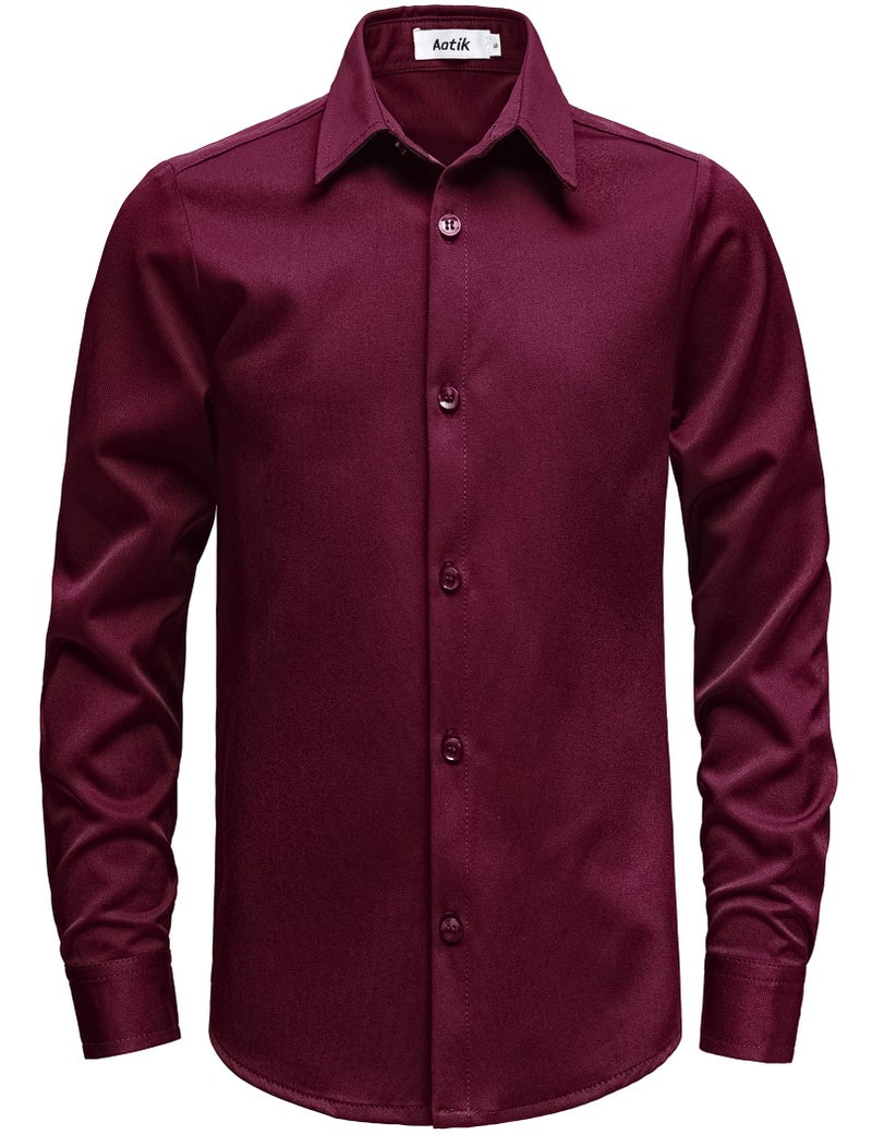 AOTIK Boys Stretch Wrinkle Free Dress Shirts Button Down Shirt Long Sleeve Formal School Uniform Shirts 12 WineRed - Image 1