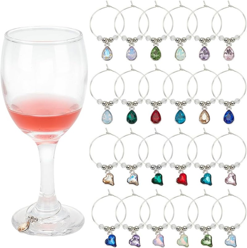FREEBLOSS 24 Pcs Wine Glass Charms Set Crystal Gem Wine Glass Charms Drink Markers Charm Rings Markers Tags Stem Glass Identifiers Themed Party Decorations - Image 1