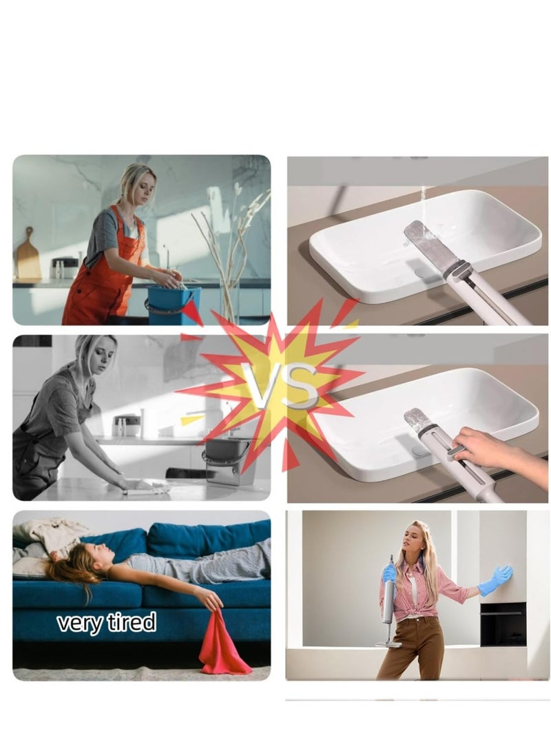 Excefore Mini Mop for Small Spaces,Portable Self Squeeze Short Handle Mop Desktop Cleaning Flat Mop for Bathroom Kitchen with Crevice Cleaning Brush,Silicone Squeegee and 2 Reusable Microfiber Pads - Image 2