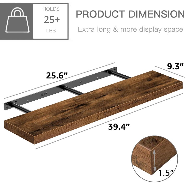 QEEIG Floating Shelves for Wall 39.4" Long - Wall Mounted Shelf Bathroom Kitchen Living Room Bedroom Farmhouse Home Decor Display Bookshelf Large 39.4 x 9.3 inch Set of 2, Rustic Brown (008-100BN) - Image 3