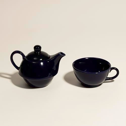Beyond Homes Ceramic Tea Pot with Cup | Microwave Safe and Stackable Single Tea Pot Kettle Set with 1 Cup - 300 ML Capacity | Chip-Resistant | Metallic Glazed Shades (Royal Blue) - Image 2