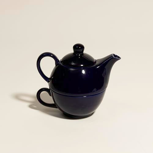 Beyond Homes Ceramic Tea Pot with Cup | Microwave Safe and Stackable Single Tea Pot Kettle Set with 1 Cup - 300 ML Capacity | Chip-Resistant | Metallic Glazed Shades (Royal Blue) - Image 3