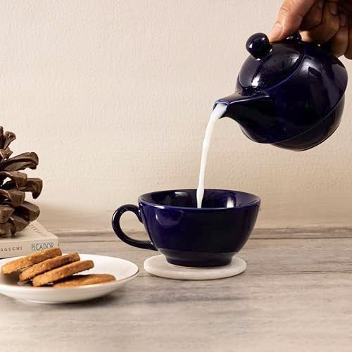 Beyond Homes Ceramic Tea Pot with Cup | Microwave Safe and Stackable Single Tea Pot Kettle Set with 1 Cup - 300 ML Capacity | Chip-Resistant | Metallic Glazed Shades (Royal Blue) - Image 1
