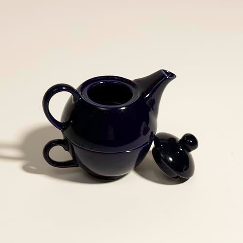 Beyond Homes Ceramic Tea Pot with Cup | Microwave Safe and Stackable Single Tea Pot Kettle Set with 1 Cup - 300 ML Capacity | Chip-Resistant | Metallic Glazed Shades (Royal Blue) - Image 4