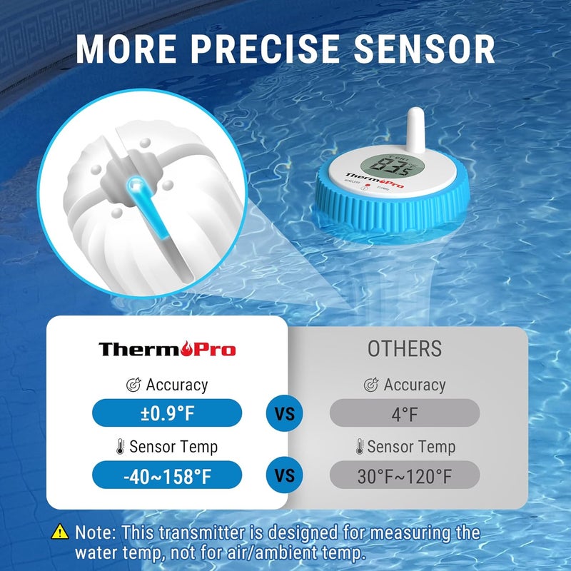 ThermoPro مراقب درجة حرارة المسبح اللاسلكي سهل القراءة، مقياس حرارة مسبح رقمي عائم للمسبح، مراقب درجة حرارة الماء المقاوم للماء لحمام السباحة/الغطس البارد/حمام الثلج/الحوض/السبا/البركة - Image 3