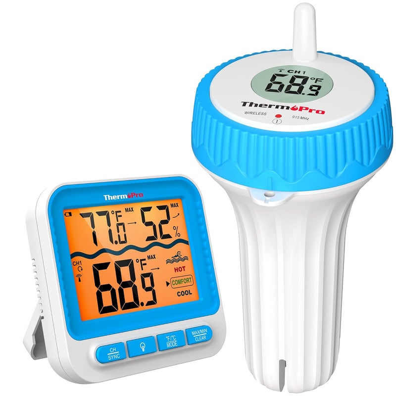 ThermoPro مراقب درجة حرارة المسبح اللاسلكي سهل القراءة، مقياس حرارة مسبح رقمي عائم للمسبح، مراقب درجة حرارة الماء المقاوم للماء لحمام السباحة/الغطس البارد/حمام الثلج/الحوض/السبا/البركة - Image 1
