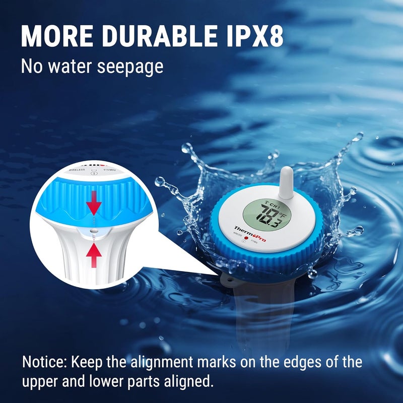 ThermoPro مراقب درجة حرارة المسبح اللاسلكي سهل القراءة، مقياس حرارة مسبح رقمي عائم للمسبح، مراقب درجة حرارة الماء المقاوم للماء لحمام السباحة/الغطس البارد/حمام الثلج/الحوض/السبا/البركة - Image 2