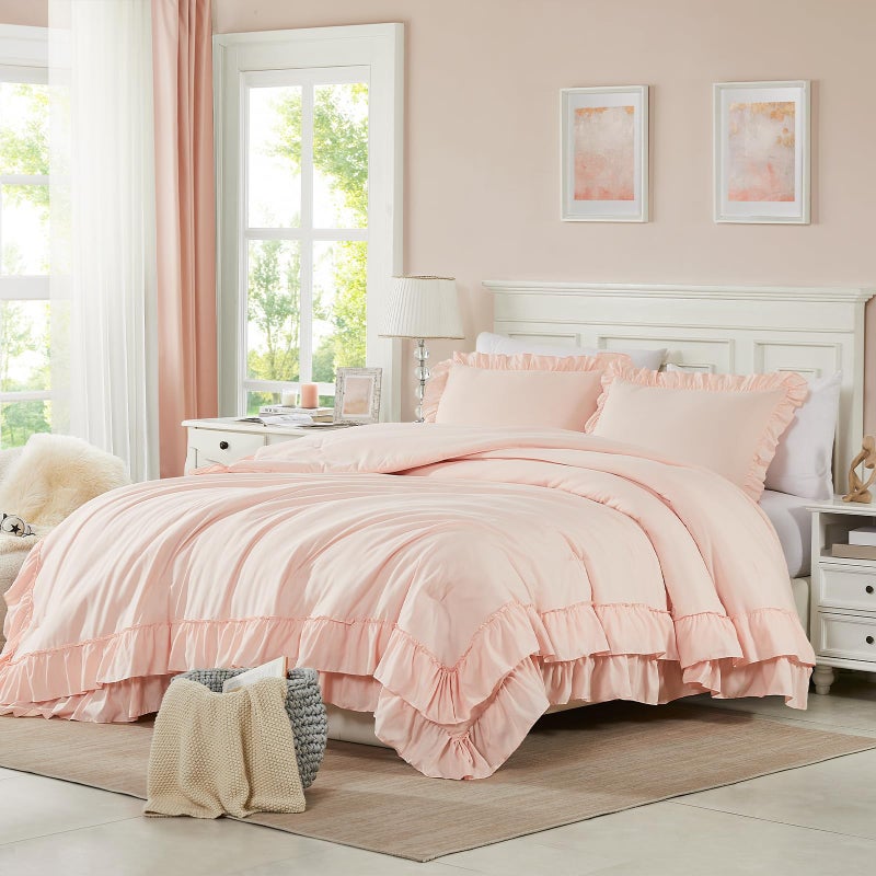 Cupocupa Pink Ruffle King Size Comforter Set, Shabby Chic Boho Bedding, 3PCS Lightweight Farmhouse Rustic Bedding Sets - Image 1
