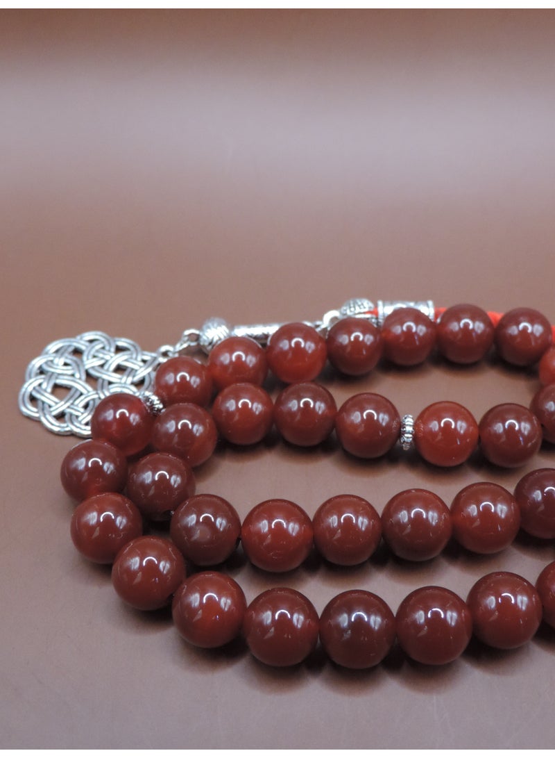 مجموعة كامين تسبيح من حجر العقيق الأحمر المستدير (المسبحة/الصبحة) - 33 خرزة - Image 3