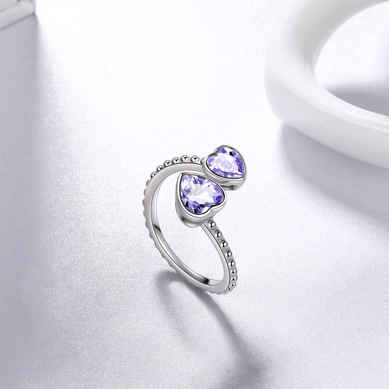 Juwaliy June Birthstone Ring Alexandrite 925 Sterling Silver Double Hearts Rings Bezel Purple CZ Women Jewelry Birthday Mother's Day Gifts - Image 5
