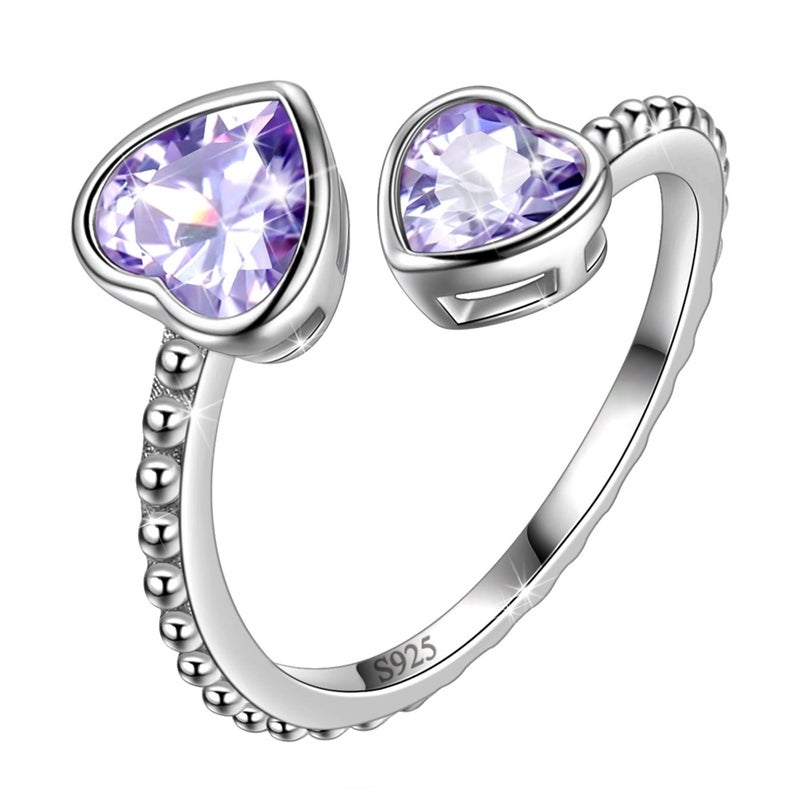 Juwaliy June Birthstone Ring Alexandrite 925 Sterling Silver Double Hearts Rings Bezel Purple CZ Women Jewelry Birthday Mother's Day Gifts - Image 1