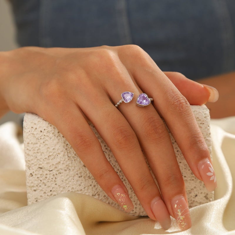 Juwaliy June Birthstone Ring Alexandrite 925 Sterling Silver Double Hearts Rings Bezel Purple CZ Women Jewelry Birthday Mother's Day Gifts - Image 3