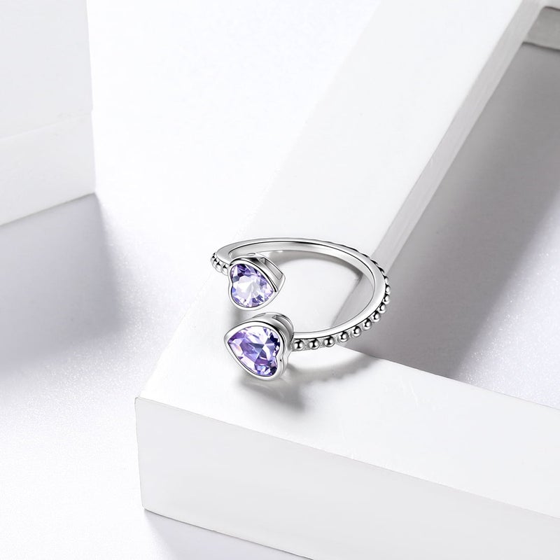 Juwaliy June Birthstone Ring Alexandrite 925 Sterling Silver Double Hearts Rings Bezel Purple CZ Women Jewelry Birthday Mother's Day Gifts - Image 2