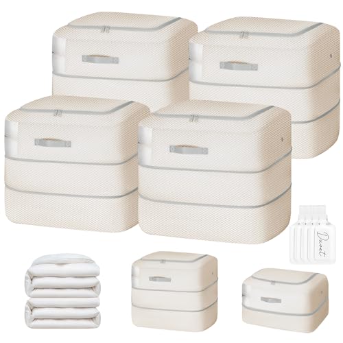 Easortm Comforter Storage Bag - 110L Large Capacity Blanket Storage Bags 2-Layer Ultra Space Saving Self Compression Organizer, Washable Compression Bags for Storage Comforter Blanket, 4-Pack, Beige - Image 1