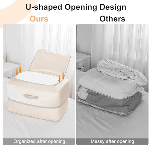 Easortm Comforter Storage Bag - 110L Large Capacity Blanket Storage Bags 2-Layer Ultra Space Saving Self Compression Organizer, Washable Compression Bags for Storage Comforter Blanket, 4-Pack, Beige - Image 4