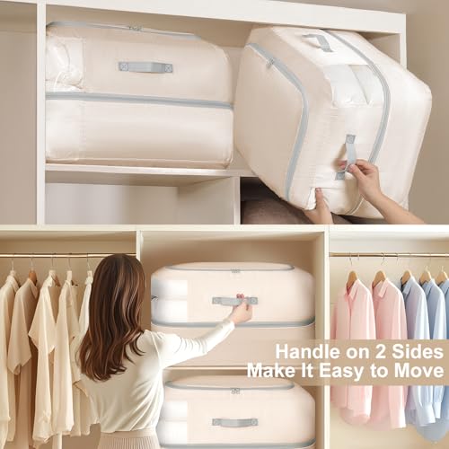 Easortm Comforter Storage Bag - 110L Large Capacity Blanket Storage Bags 2-Layer Ultra Space Saving Self Compression Organizer, Washable Compression Bags for Storage Comforter Blanket, 4-Pack, Beige - Image 5
